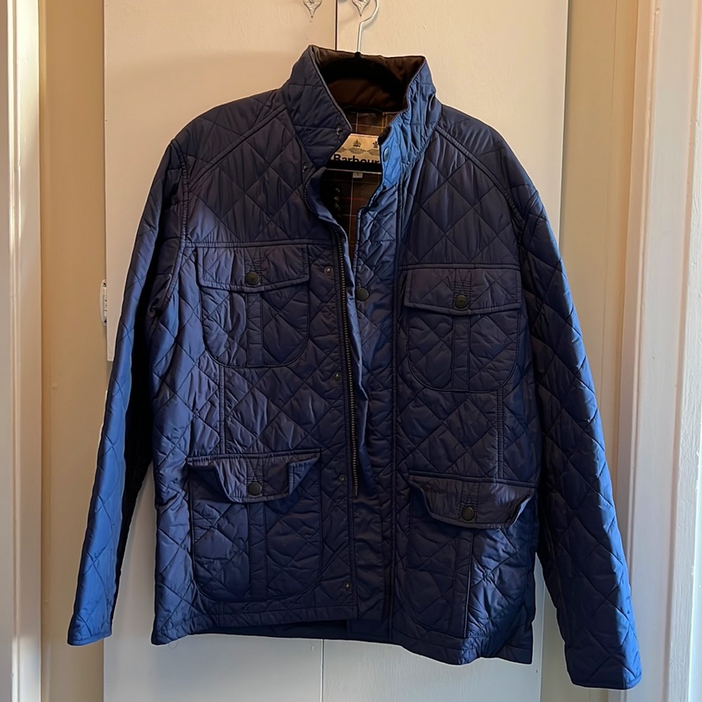 Quilted Barbour Jacket, Navy, Large, with brown suede collar